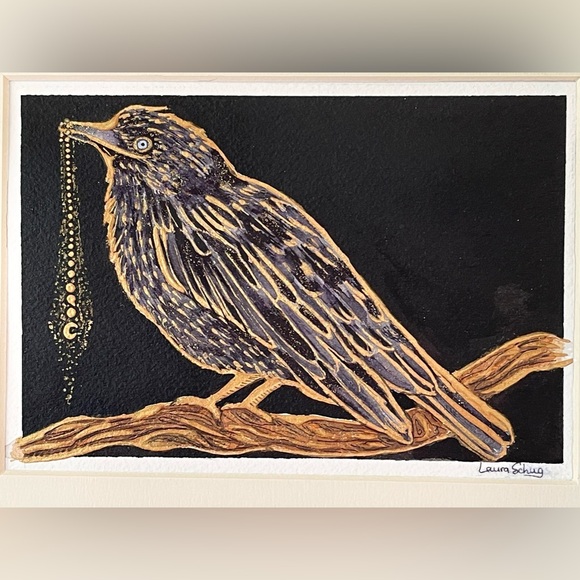 Original art watercolor ink gold bird raven crow mystical witchy moon academia - Picture 5 of 13